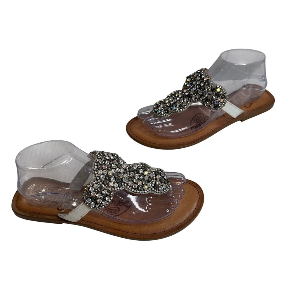 Naughty Monkey Rhinestone T-Strap Flat Sandals White Leather‎ NMSA0046 8.5